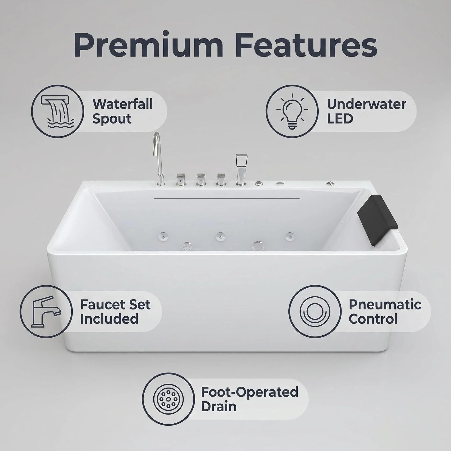 67'Acrylic Single Person Whirlpool Tub with Hydrotherapy Jets, LED Chromotherapy Lights, Soft Waterfall Spout, and 63-Gallon Capacity - Soaking Home Spa.