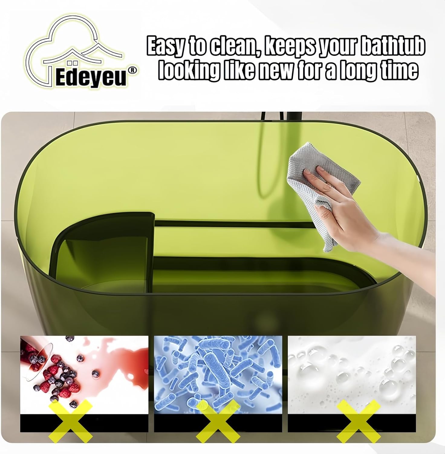 32' Edeyeu Oval Freestanding Bathtub - Compact Small Bathtub Soaker Tub with Natural Resin Design, Durable Stand Alone Tub for Spa-Like Soaking Experience, with Drain Blue