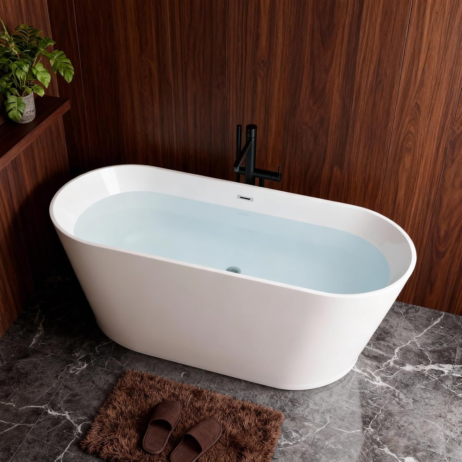 59' Acrylic Freestanding Bathtub, Stand Alone Soaking Tub with Toe-tap Chrome Drain Free Standing Bathtubs CUPC Certified, White