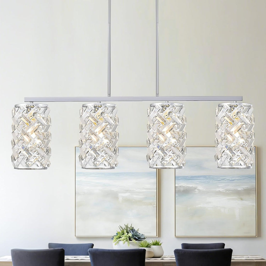 CATINER Chrome Crystal Kitchen Island Lighting 40' Modern Linear Chandelier, 4 Lights Polished Chrome Ceiling Pendant Light Fixture Over Table for Dining Room Living Room