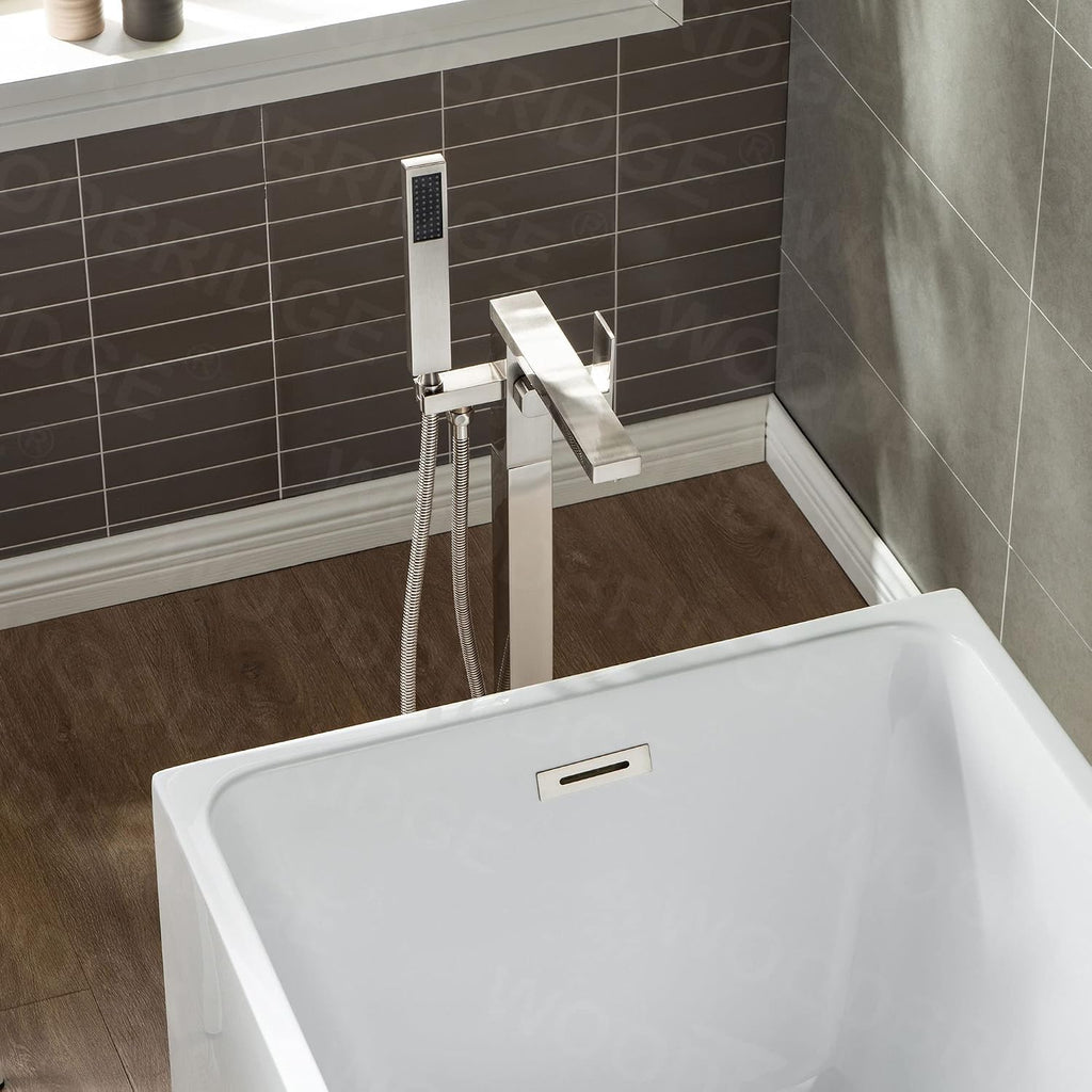 Woodbridge Brushed Nickel Freestanding Tub Filler Single Handle Floor Mounted Faucets with Handheld Shower. Square Design