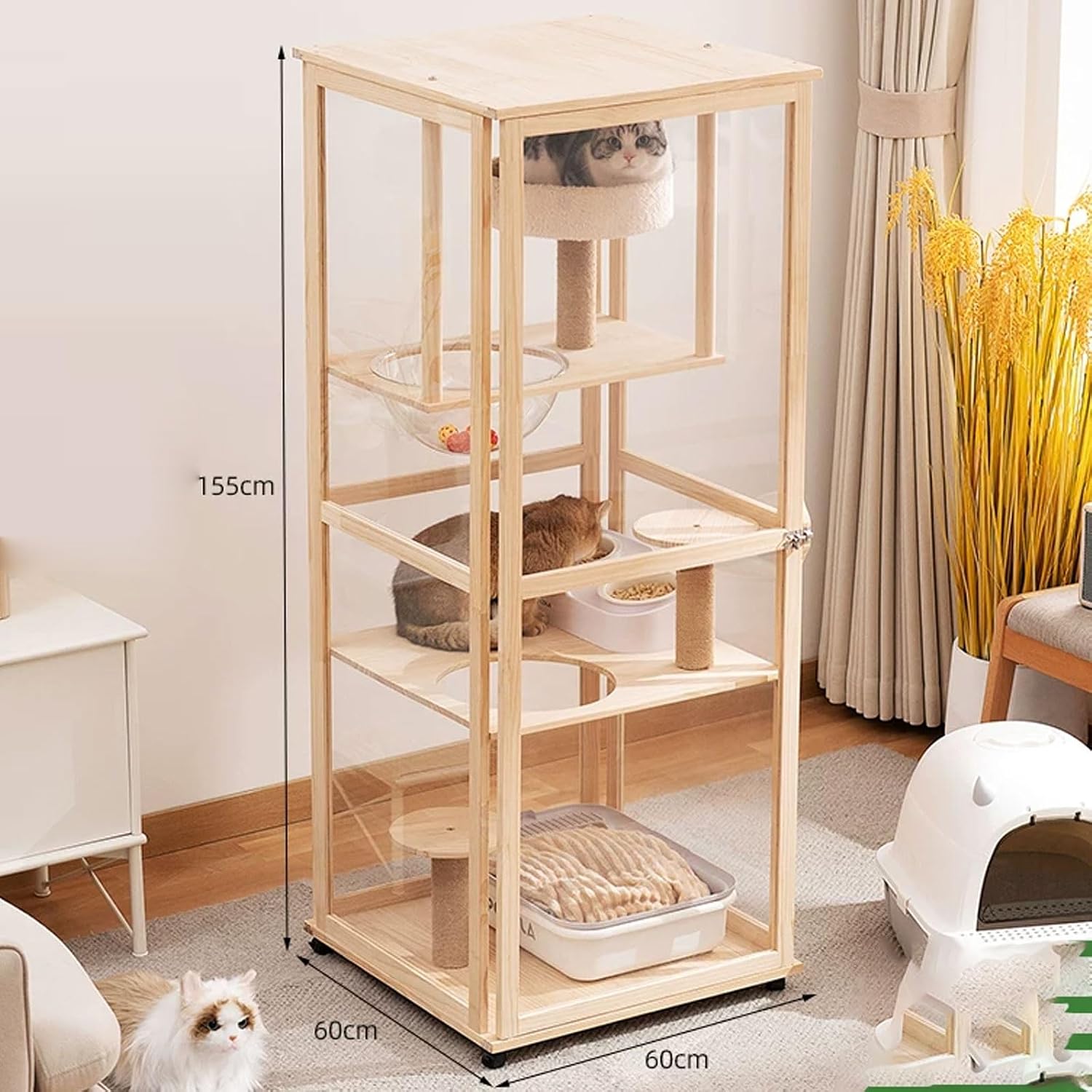 Cat Villa Wooden Cat Cage 4 Features Braked Casters and A Top Skylight Magnetic Cabinet Doors Suitable for 1-2 Cats Top Storage Space Cat Condo(60 * 60 * 155cm)