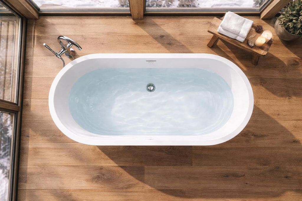 ANZZI 67 In Freestanding Acrylic Bathtub Flat Bottom Soaking Tub White Gloss Finish Integrated Overflow Modern Bathroom Mone Series 66.5 x 29.1 x 22.4 In Capacity 63.4 Gal | AMZFT903-67