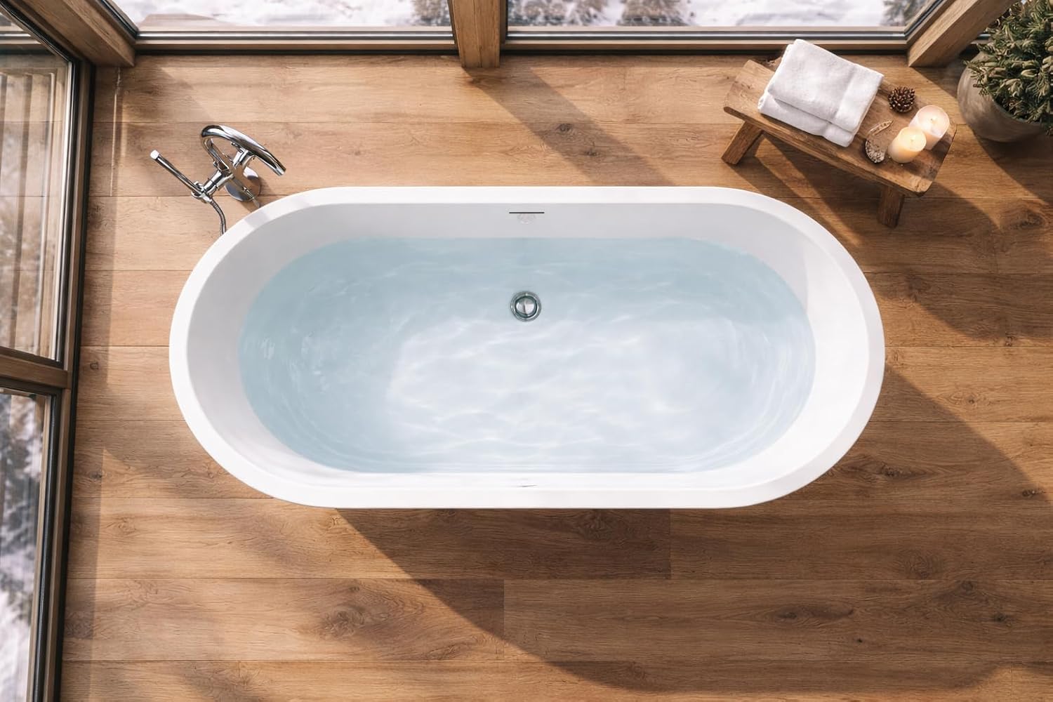 ANZZI 67 In Freestanding Acrylic Bathtub Flat Bottom Soaking Tub White Gloss Finish Integrated Overflow Modern Bathroom Mone Series 66.5 x 29.1 x 22.4 In Capacity 63.4 Gal | AMZFT903-67