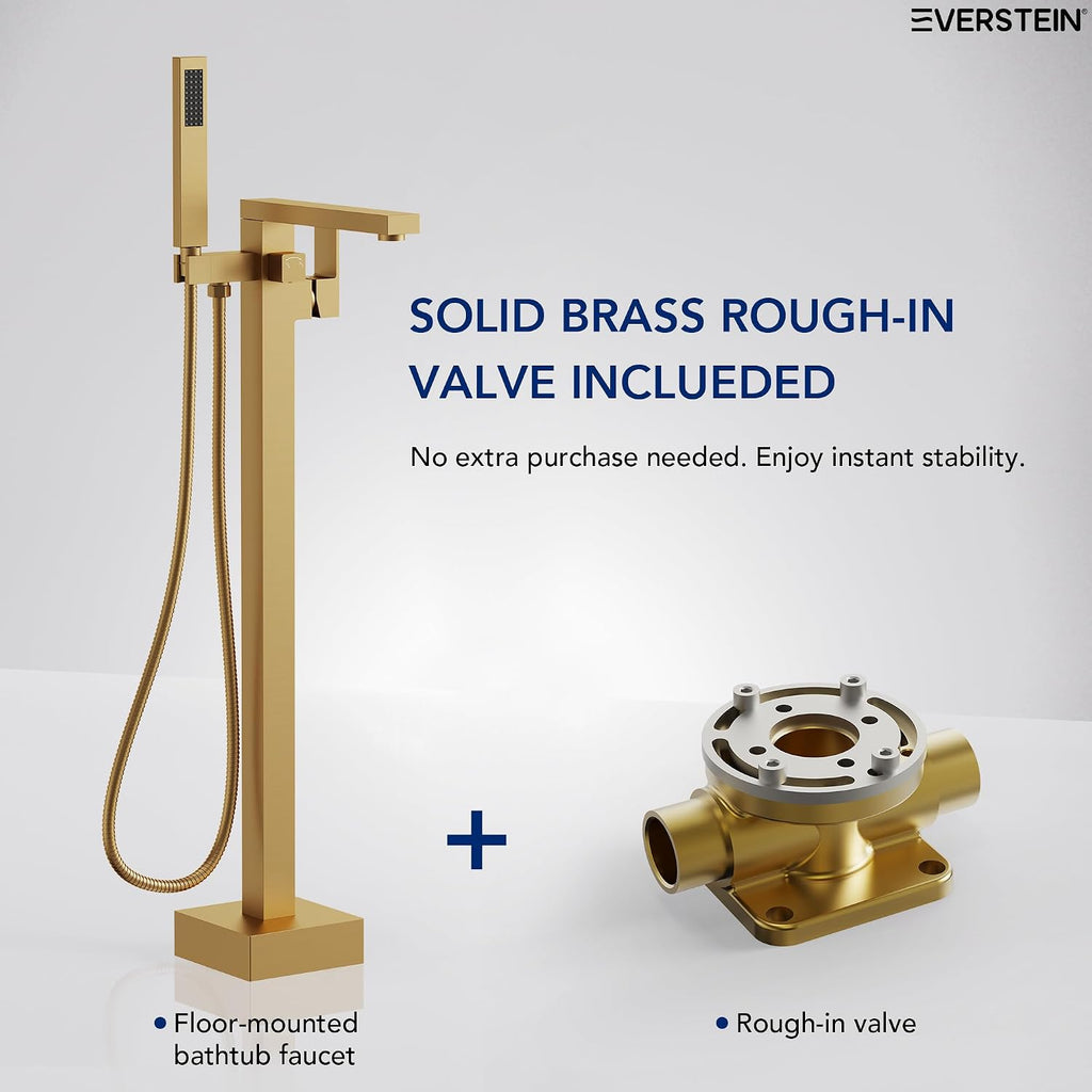 Freestanding Bathtub Faucet with Hand Held Shower, Floor Mount Tub Filler, Brass Bath Tub Faucet, Valve Included，Brushed Gold
