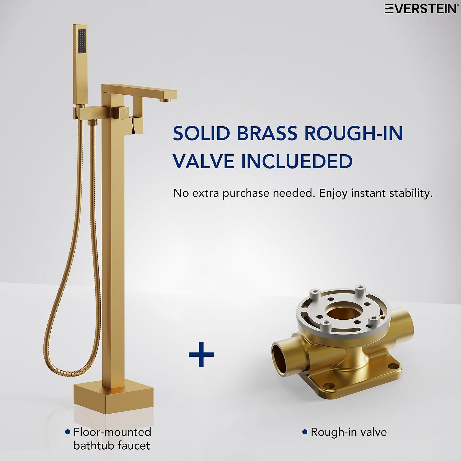 Freestanding Bathtub Faucet with Hand Held Shower, Floor Mount Tub Filler, Brass Bath Tub Faucet, Valve Included，Brushed Gold