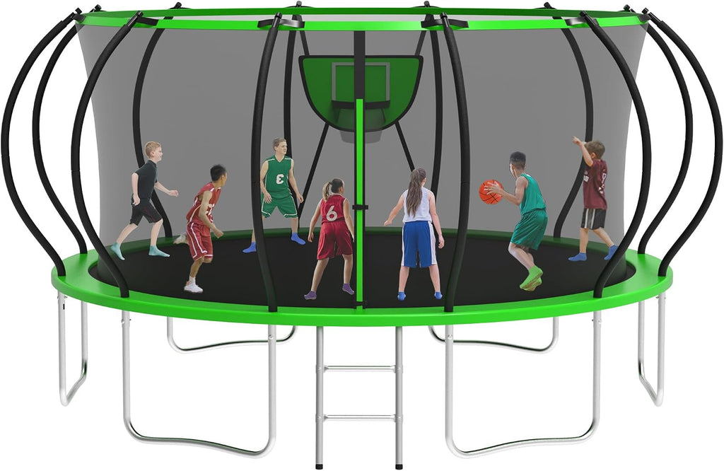 KOFUN 1500LBS 10/12/14FT Tranpoline Outdoor for Kids and Adults, Tranpolines with Net, Ladder, Recreational Tranpoline with Basketball Hoop Easy to Assemble - Curved Poles Larger Room, ASTM Approval