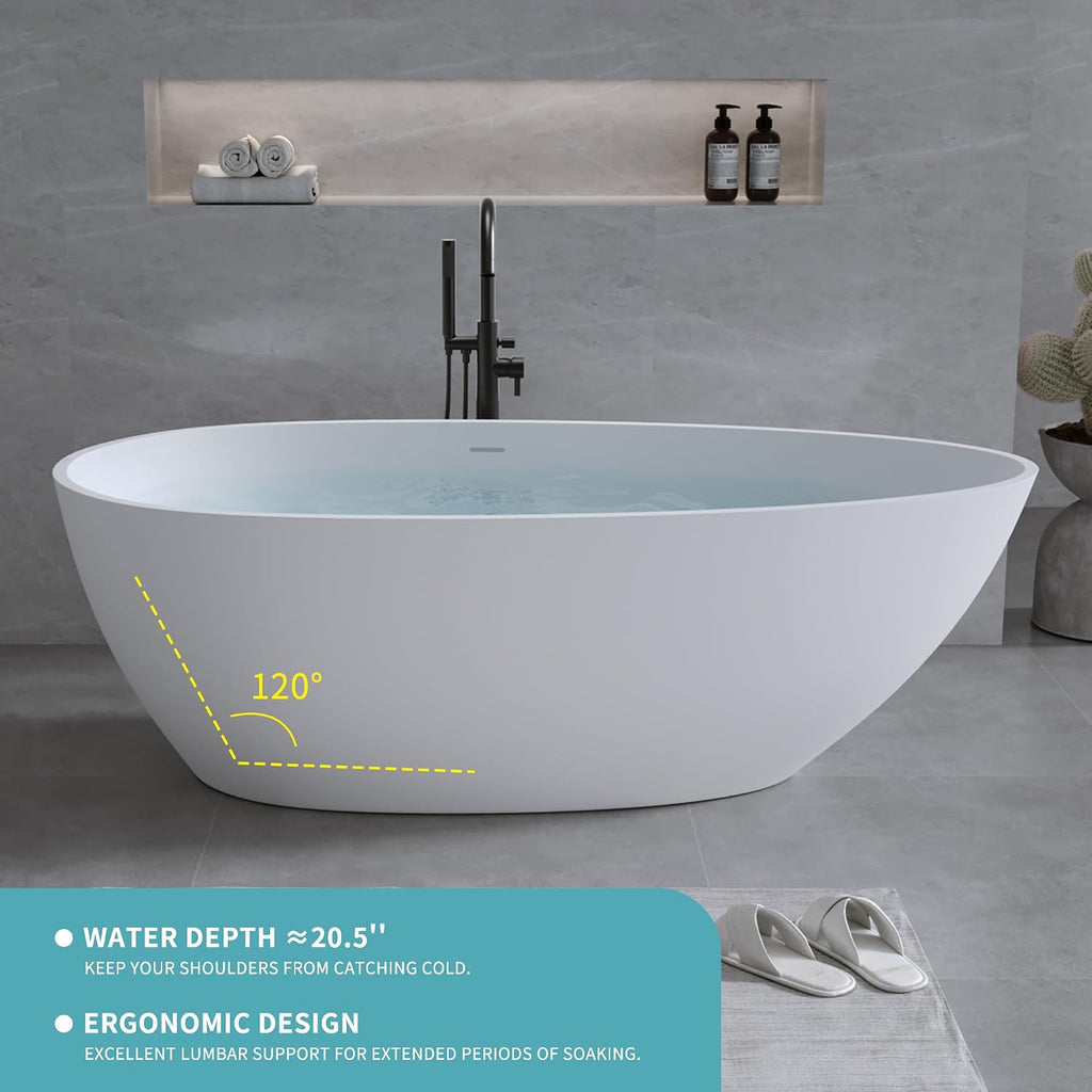 59' Stone Resin Freestanding Bathtub, Egg Shell Shaped Solid Surface Bathroom Freestanding Tubs, Stand Alone Soaking Tubs with Integrated Slotted Overflow and Drain, Matte White