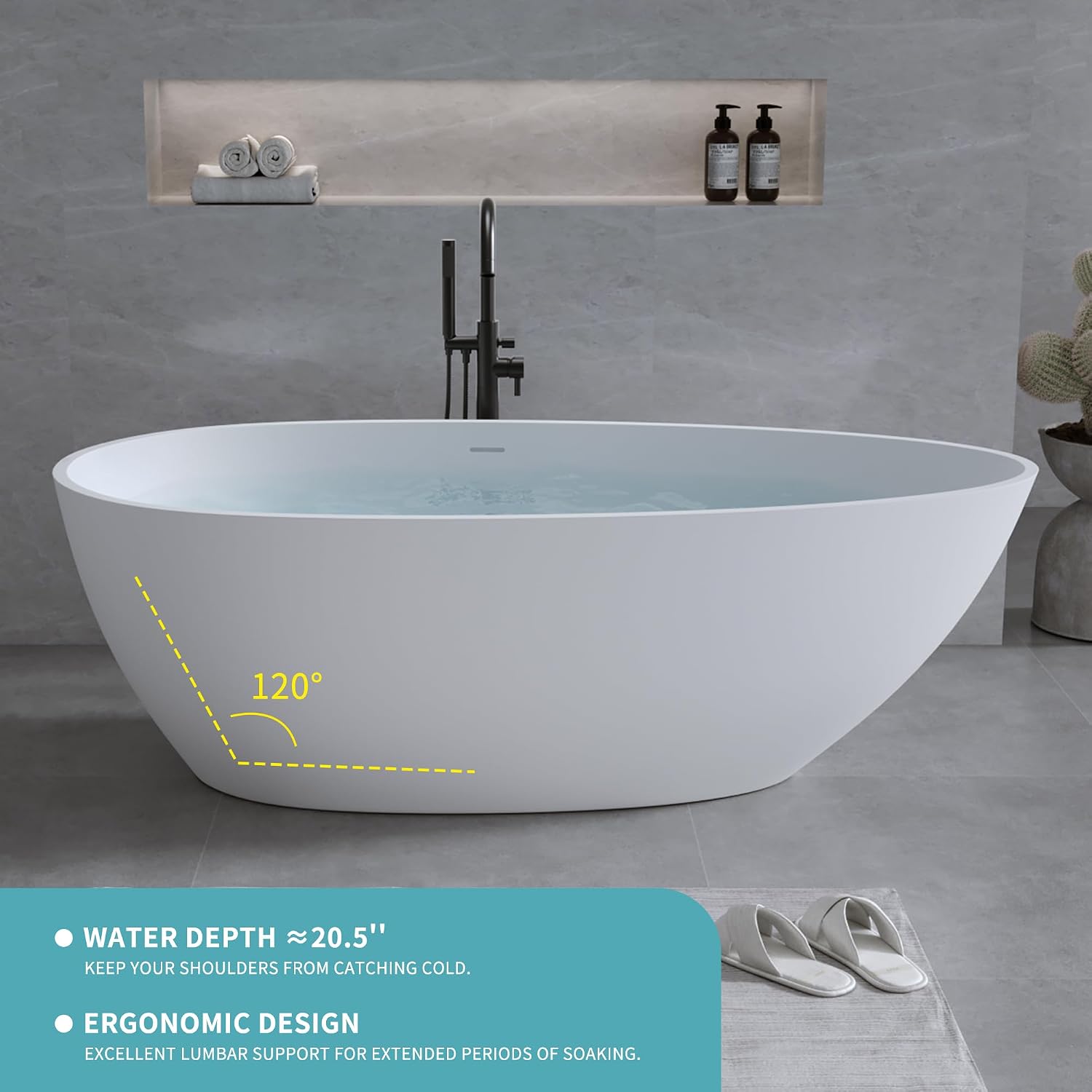 59' Stone Resin Freestanding Bathtub, Egg Shell Shaped Solid Surface Bathroom Freestanding Tubs, Stand Alone Soaking Tubs with Integrated Slotted Overflow and Drain, Matte White