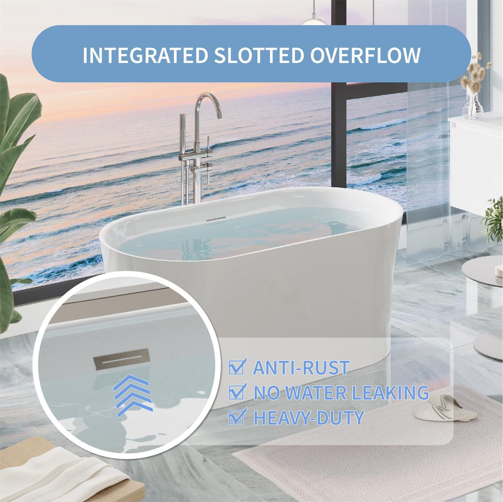 WELLFOR 59 Inch Acrylic Freestanding Bathtub, 80 Gallons Capacity White Soaking Tub, Freestanding Soaking bath tub with Chrome Bathtub Drain and Groove Overflow, Glossy White