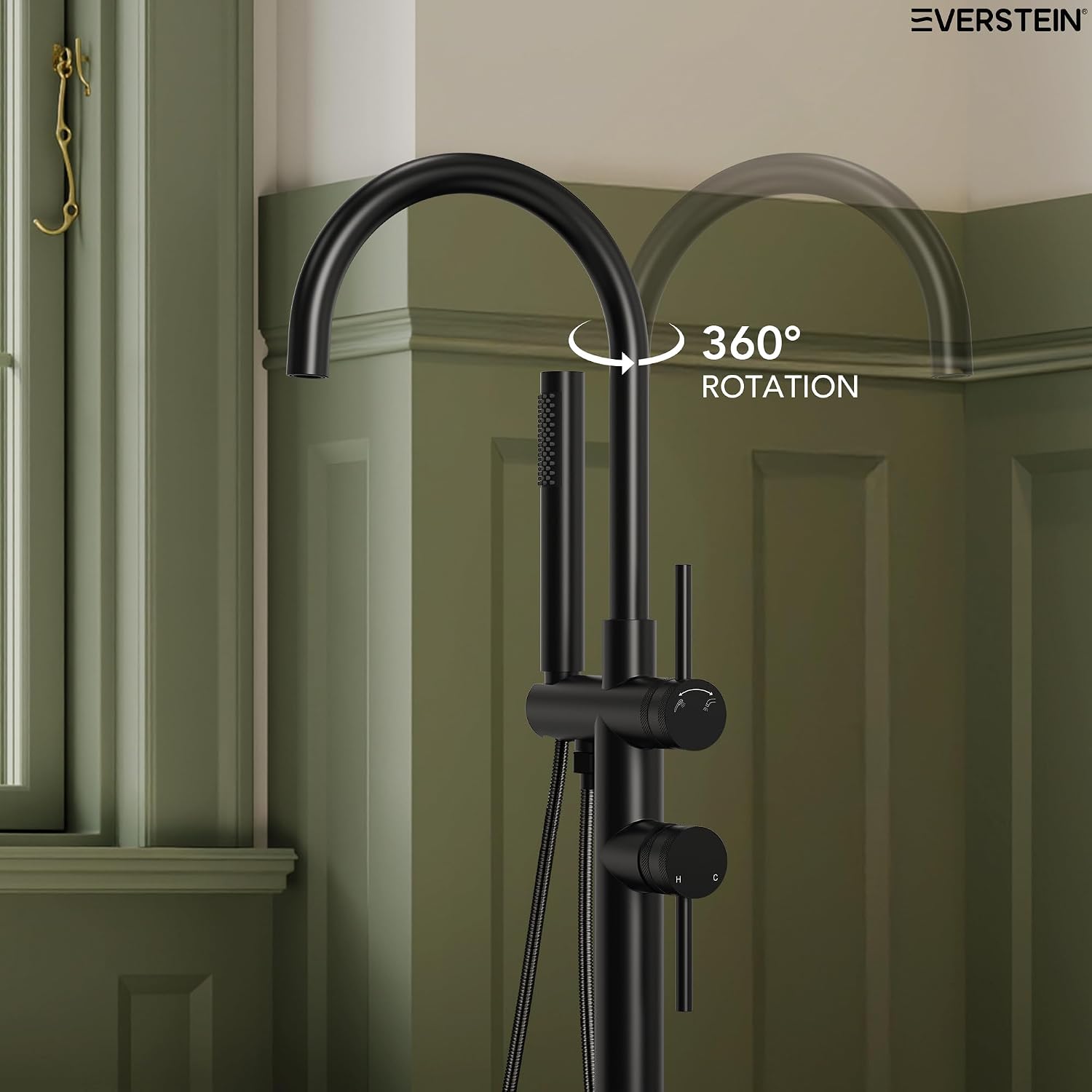 Freestanding Bathtub Faucet with Hand Held Shower, Floor Mount Tub Filler, Dual Handle Brass Bath Tub Faucet, Valve Included，Matte Black
