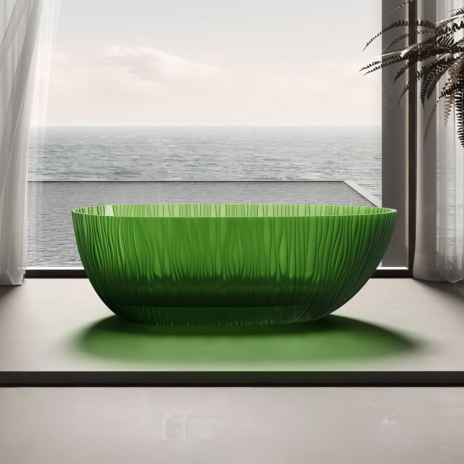 67' Edeyeu Freestanding Bathtub - Shaped Solid Surface Bathtub With Ripple Lines, Extra Deep Soaking Tub, Free Standing Stand Alone Tub With Heat Retention For Modern Bathroom Spa Desig Green A
