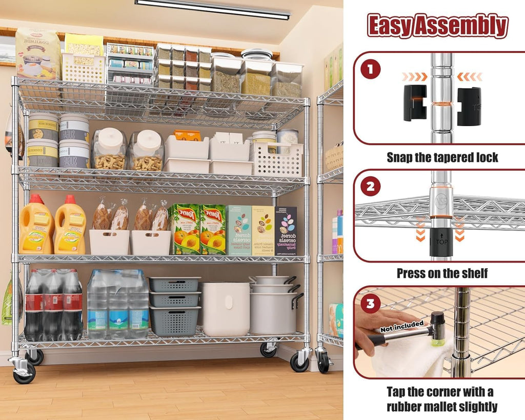 PrimeZone 4 Tier 55.5' Wx24 Dx76 H Wire Shelving with Wheels 2400lbs NSF Certified Storage Shelves Heavy Duty Metal Shelf Adjustable Rolling Rack Commercial Garage Restaurant Warehouse Kitchen Chrome