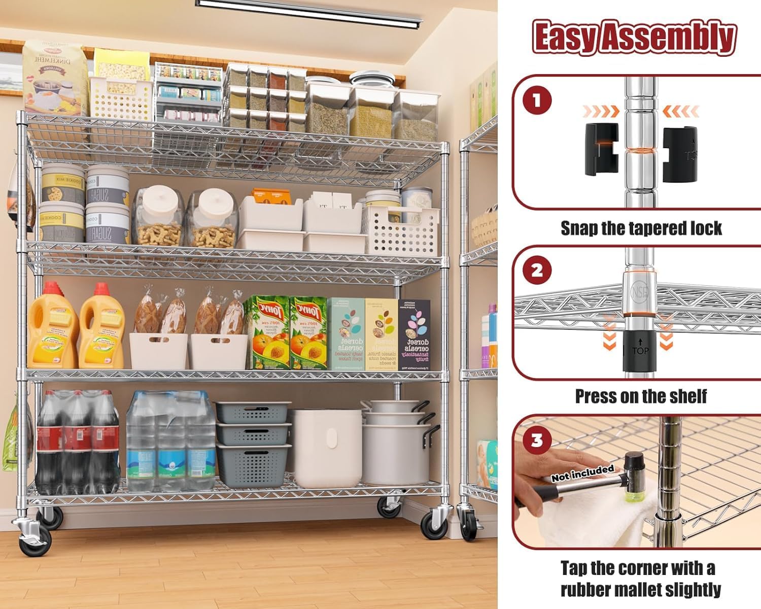 PrimeZone 4 Tier 55.5' Wx24 Dx76 H Wire Shelving with Wheels 2400lbs NSF Certified Storage Shelves Heavy Duty Metal Shelf Adjustable Rolling Rack Commercial Garage Restaurant Warehouse Kitchen Chrome