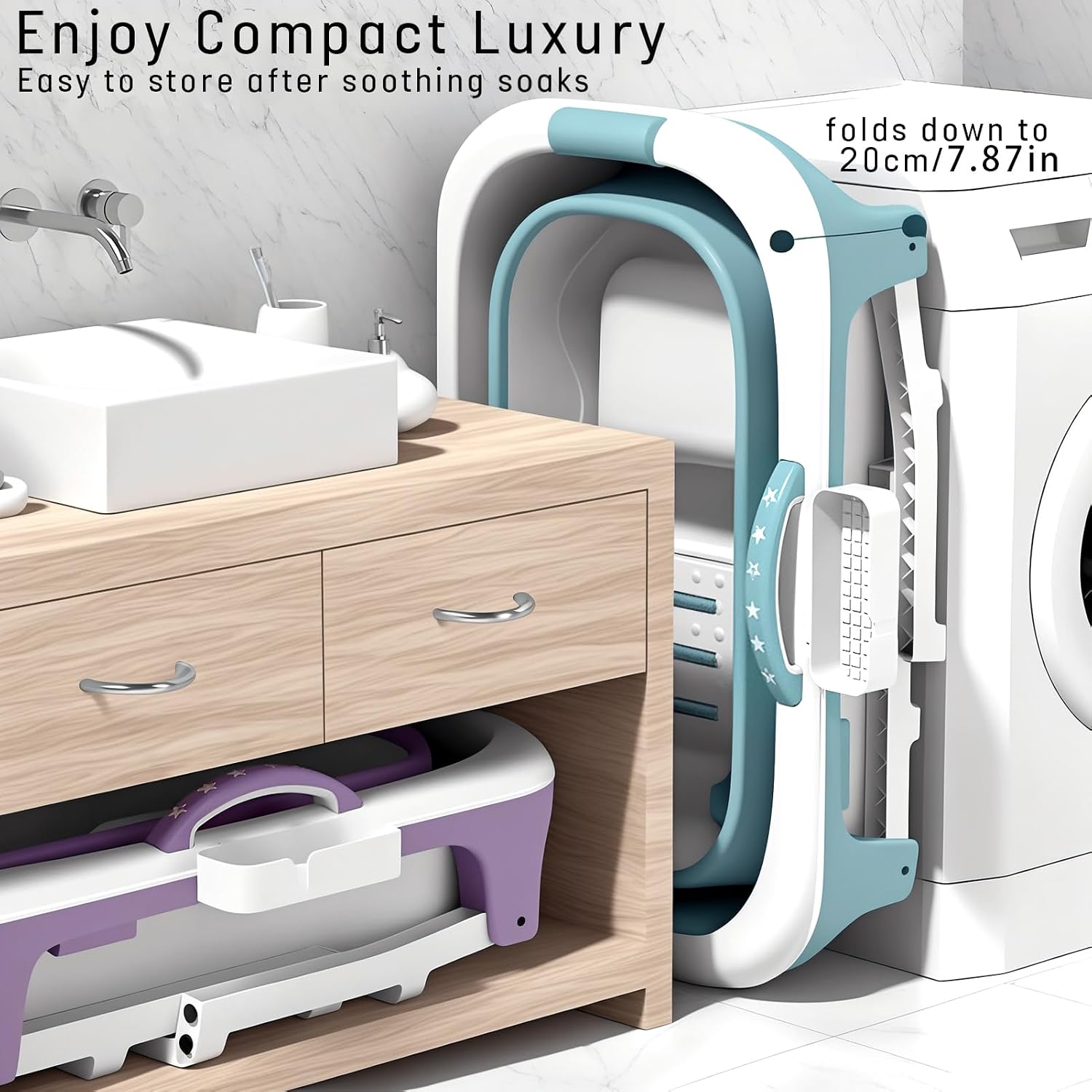 Portable Foldable Bathtub for Adult, 41' Small Foldable Tub with Ergonomic Seat & Massage Roller, Large Capacity Soaking Tub for Adults with Thermal Cover (Blue)