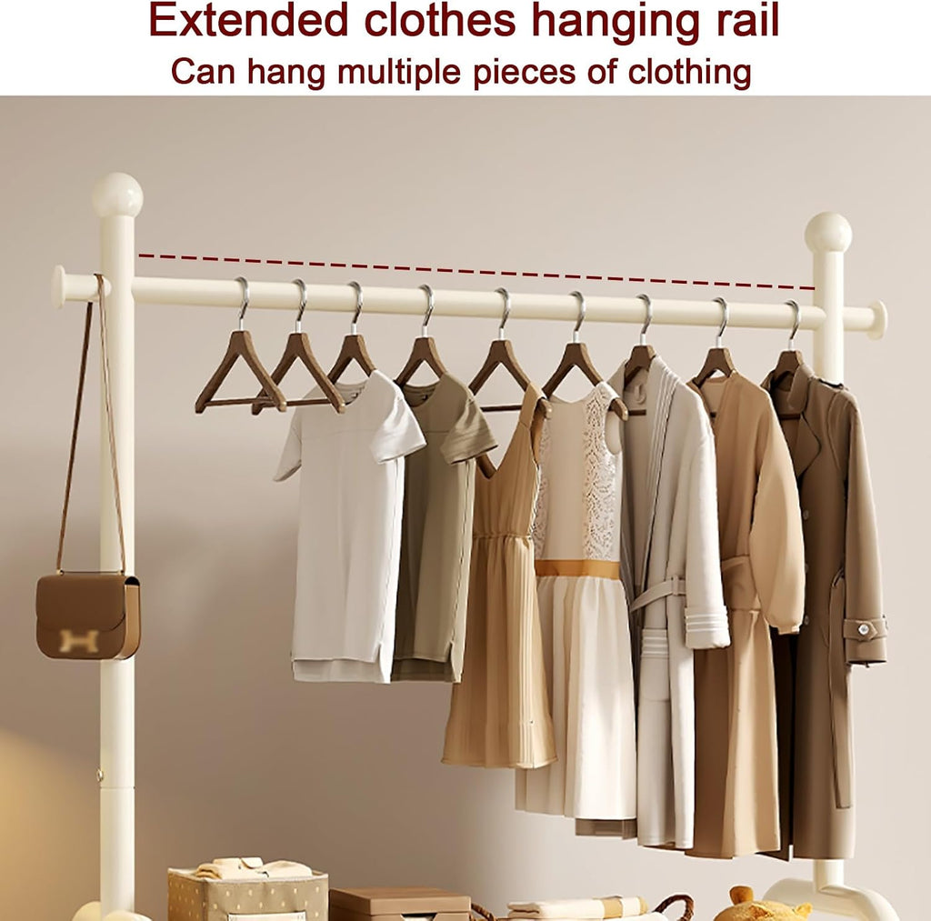 Heavy-Duty Clothes Rack With Wheels,Portable Metal Garment Rack With Storage Shelves And Coat/Hat Hooks,Freestanding Clothing Racks For Hanging Clothes,White(60cm(23.6in))