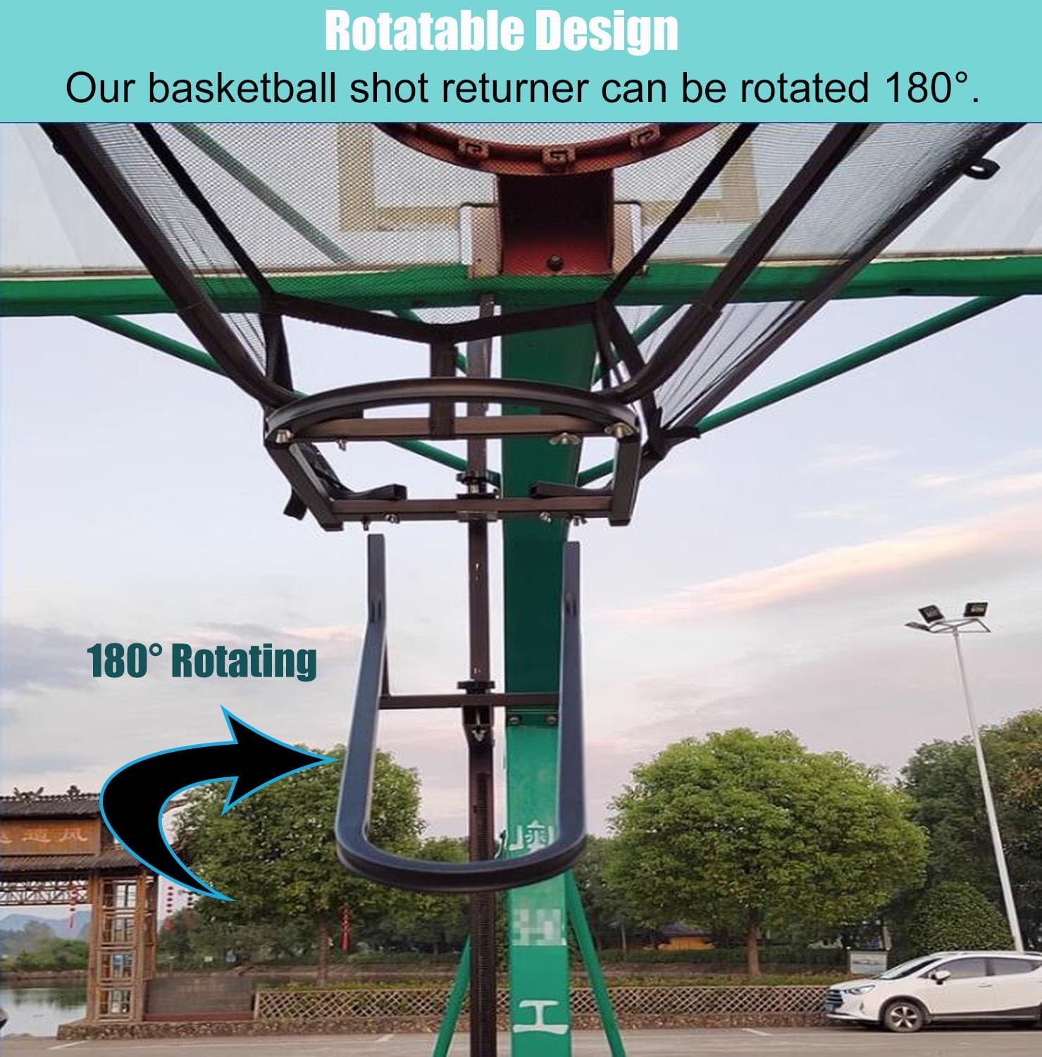 Metal Basketball Return Net with 180° Rotating Chute, Commercial Foldable Hanging Basketball Return Attachment with Storage Bag