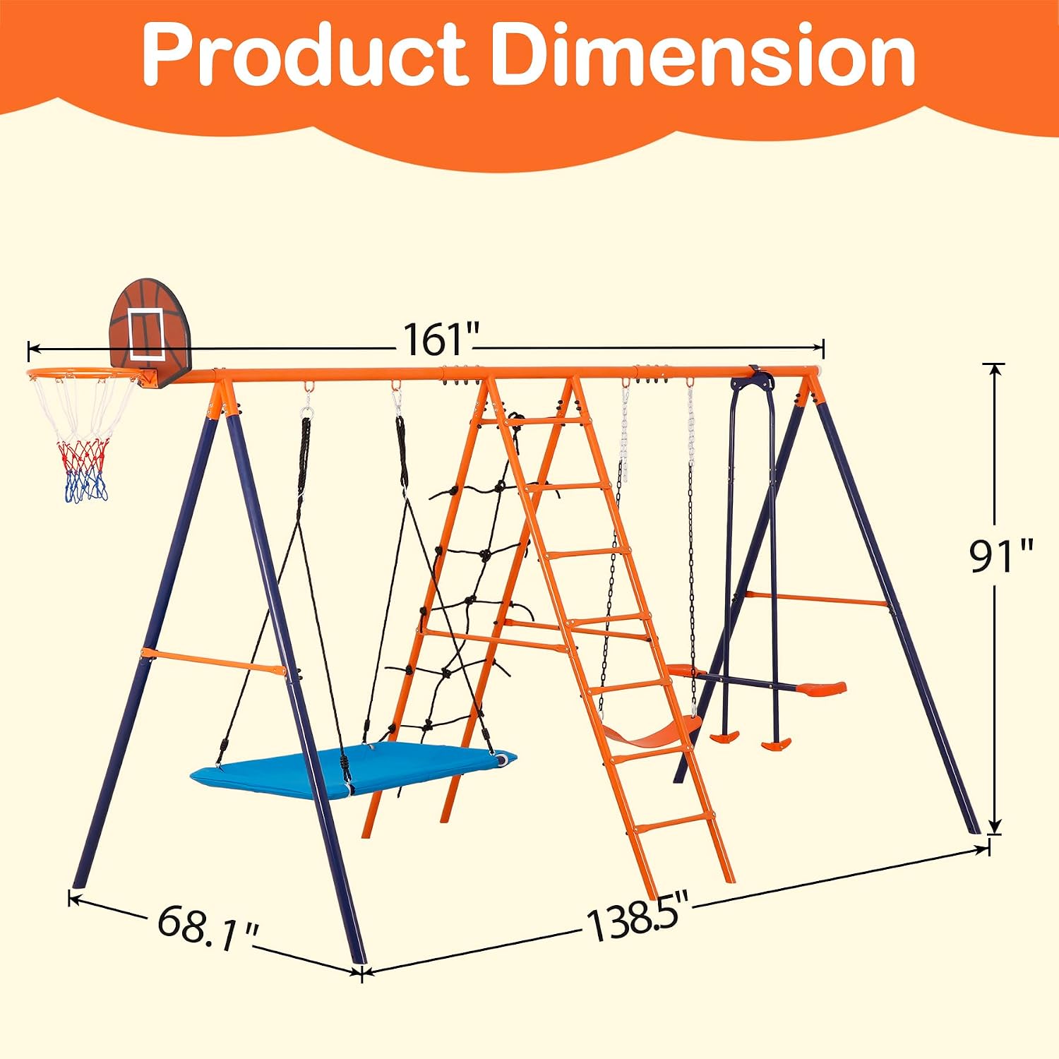 Metal Swing Sets for Backyard, Heavy Duty Toddler Playset Kids Playground Set with Hammock Swing, Belt Swings, Glider, Climbing Ladder and Nets, Basketball Hoop for Outdoor, 660 lbs