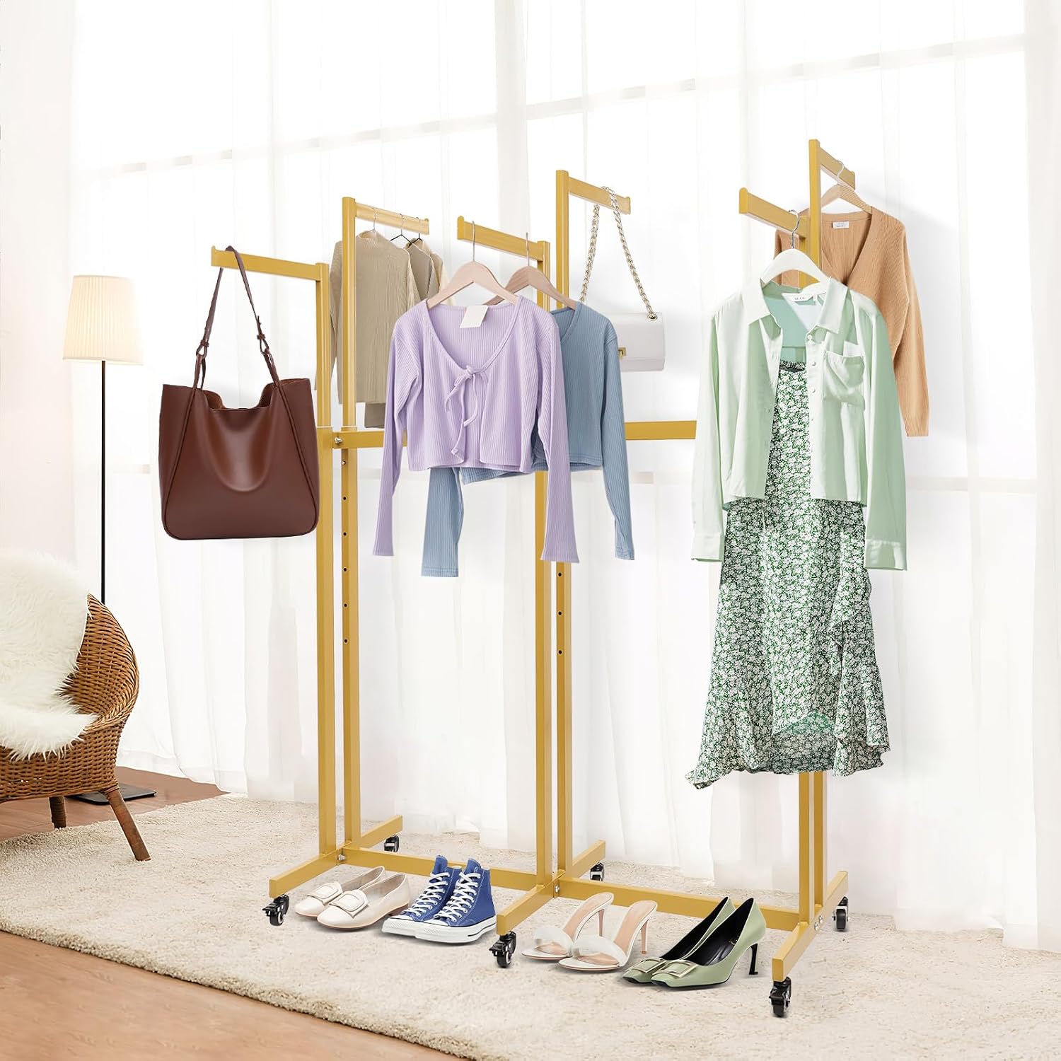 Heavy Duty Garment Rack, Height-Adjustable Clothing Rack with 6 Arms, Floor Standing with Wheels, 165 lbs Load Capacity for Hanging Clothes