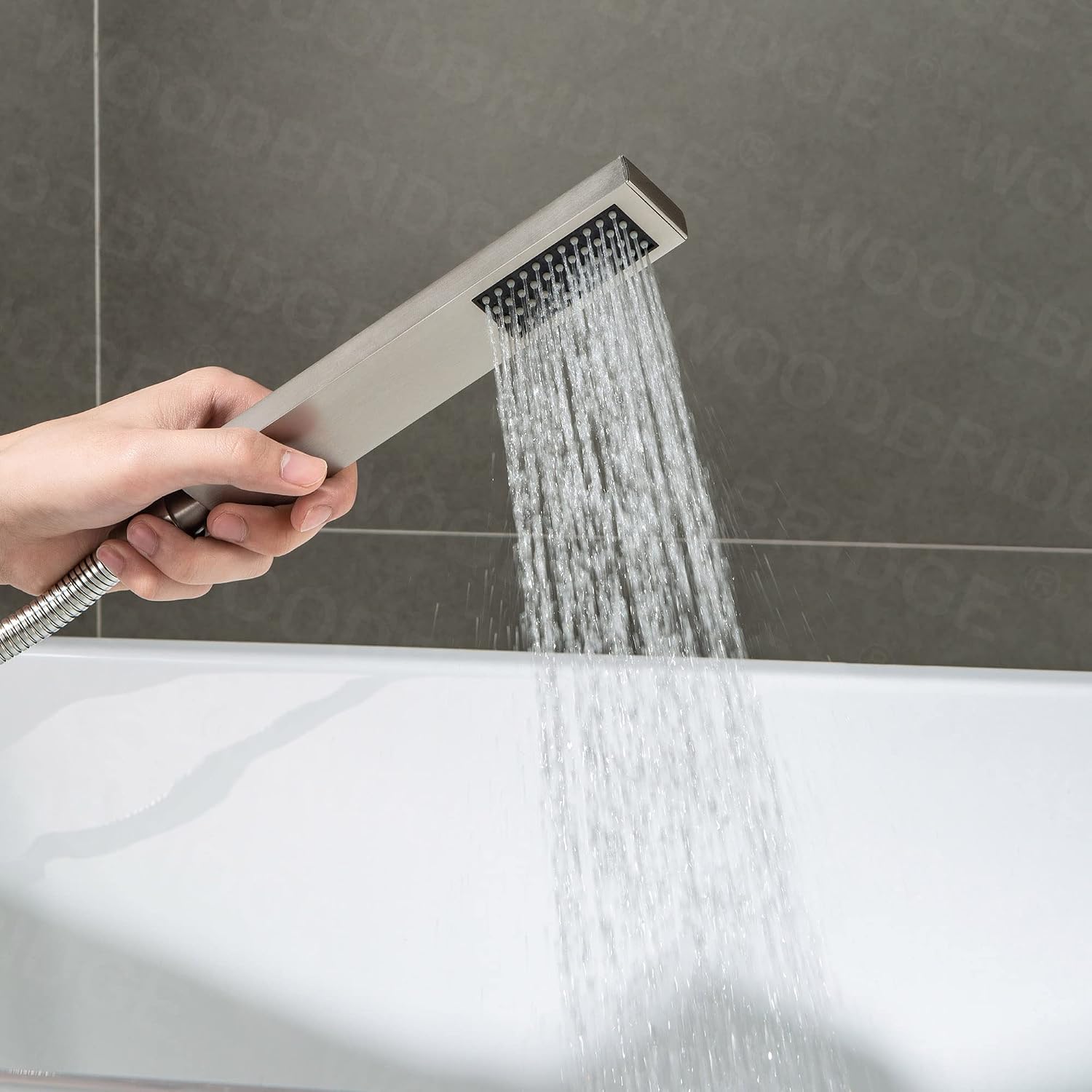 Woodbridge Brushed Nickel Freestanding Tub Filler Single Handle Floor Mounted Faucets with Handheld Shower. Square Design