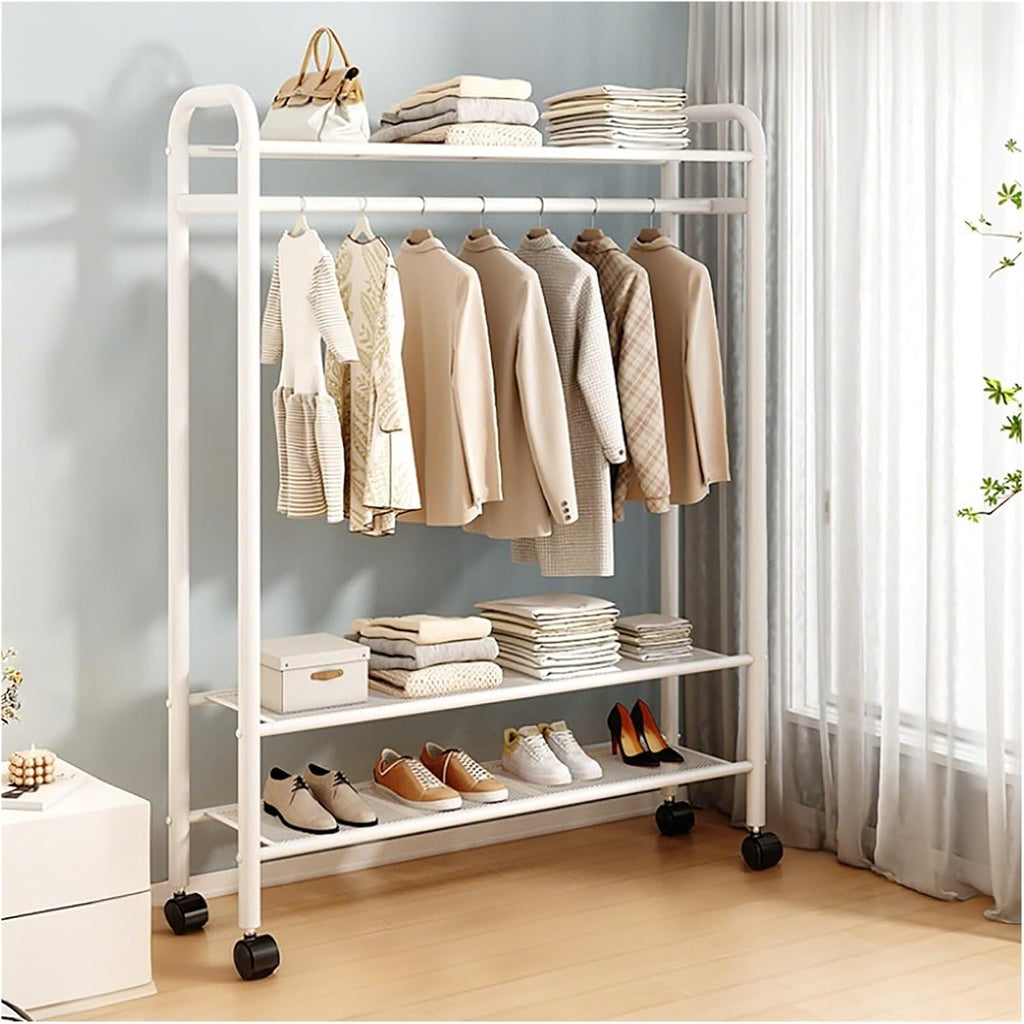 Clothes Rack For Hanging Clothes With Wheels, Metal Freestanding Portable Rolling Garment Rack, Clothing Racks With 3 Shelves For Bedroom Laundry Living Room(White,80cm/31.5in)