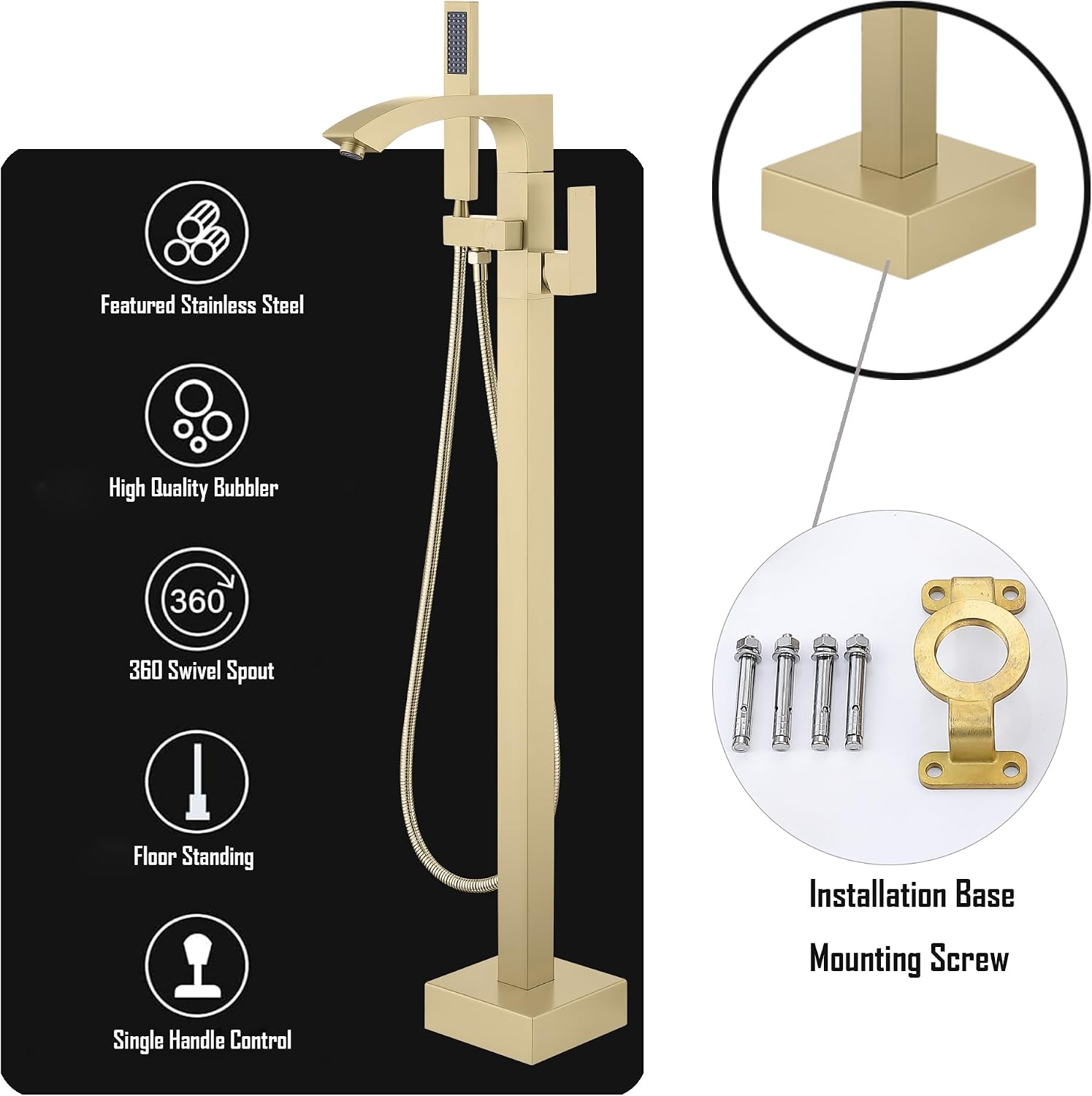 Floor Mount Bathtub Faucet, Freestanding Tub Faucet Brushed Gold, Stainless Steel Free Standing Tub Filler with Handheld Shower.