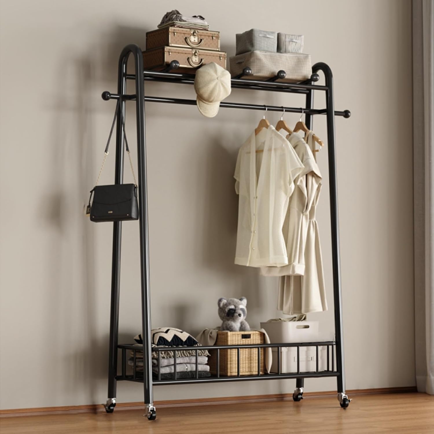 Clothing Rack for Hanging Clothes, Clothes Rack, Rolling Garment Rack, Clothing Rack with Bottom Mesh Storage Shelf, Freestanding Wardrobe Storage Rack Metal Clothing Rack(Black,80cm/31.5in)