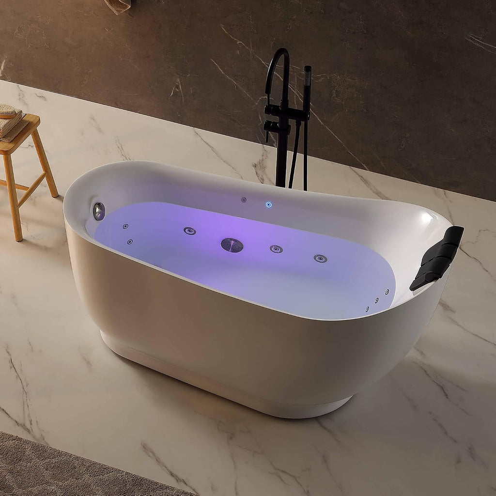Empava Upgrade Acrylic Whirlpool Bathtub, 59 Inch Acrylic Freestanding Jetted Tub, Hydromassage Gracefully Oval Shaped with 16 Hydromassage Jets with Lumbar and Neck Support, Black Pillow