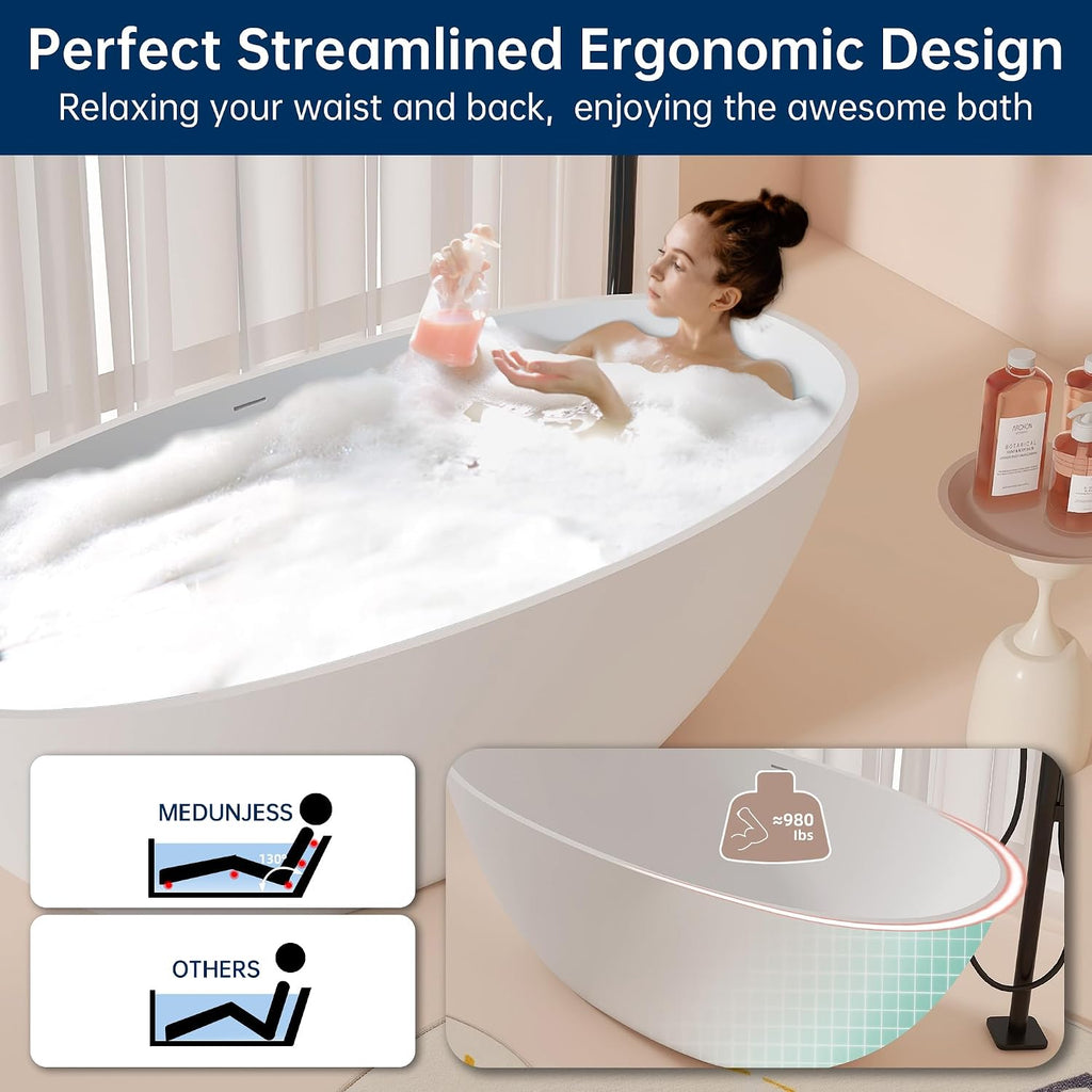 65'' Freestanding Bathtub Resin Stone Soaking Freestanding Tubs Matte Solid Surface Flatbottom Tub with Overflow and Pop-up Drain - White…