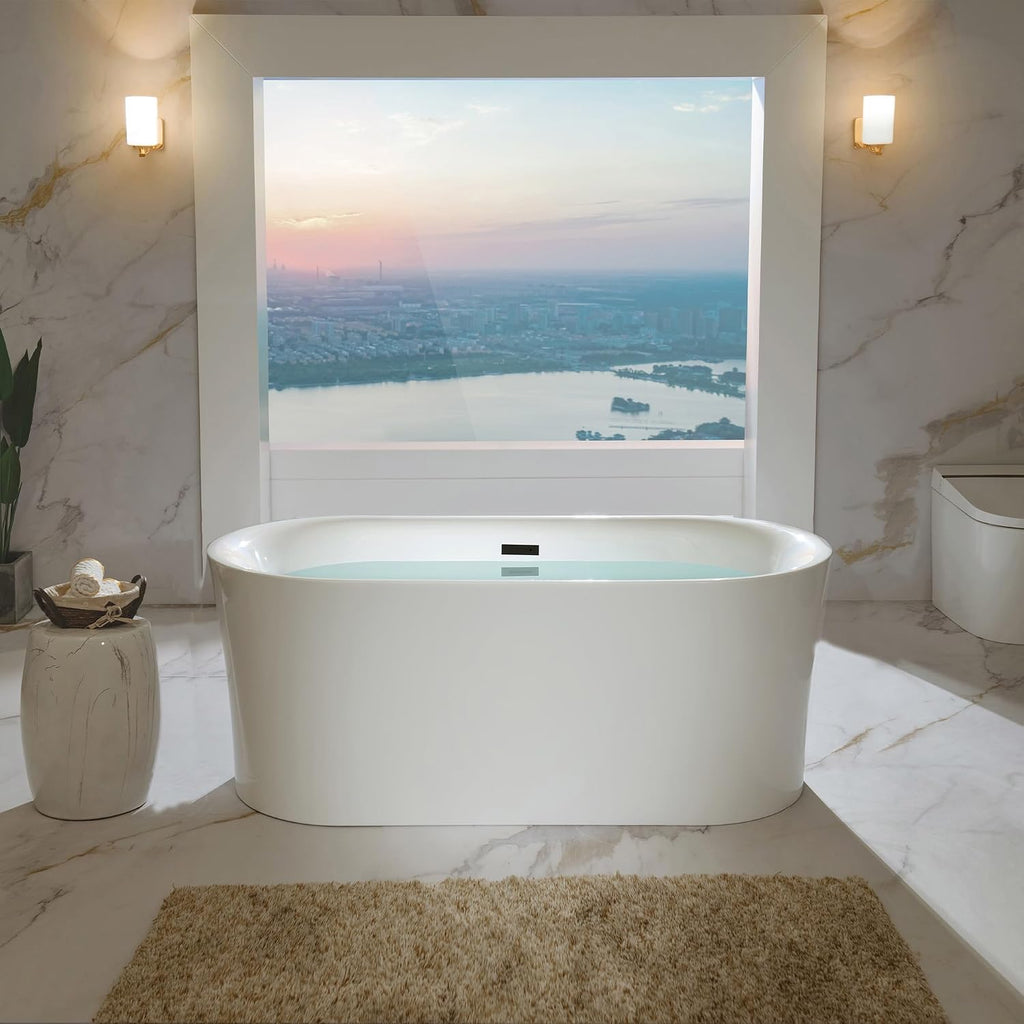 WOODBRIDGE 59' Acrylic Freestanding Bathtub Contemporary Soaking Tub with Matte Black Overflow and Drain,White Tub,B0058-MB