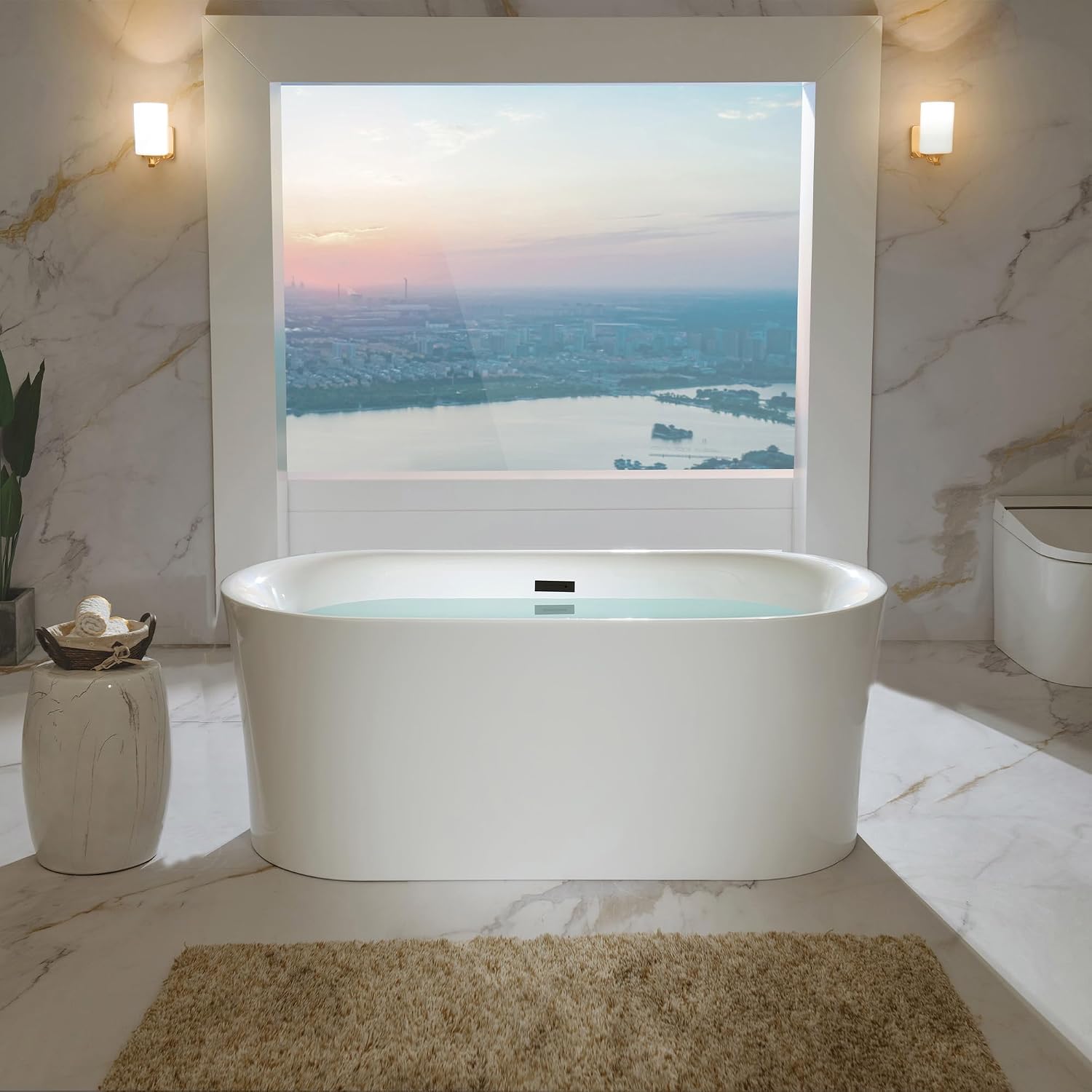 WOODBRIDGE 59' Acrylic Freestanding Bathtub Contemporary Soaking Tub with Matte Black Overflow and Drain,White Tub,B0058-MB