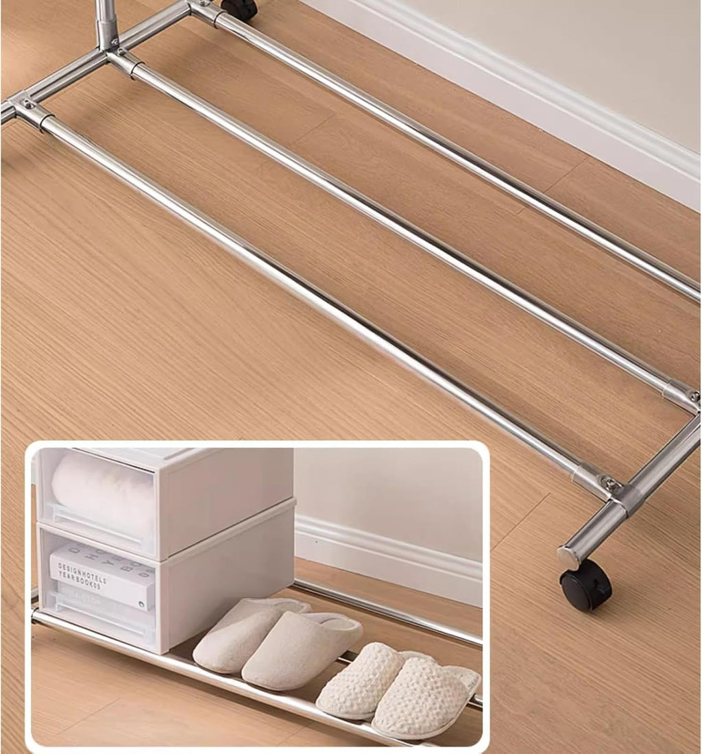 Heavy Duty Coat Rack, Garment Rack Silver Stainless Steel Clothes Rail On Wheels, Extendable Hanging Rod Clothing Rack with Shelves, Rolling Clothes Organizer for Bedroom