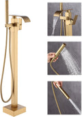 Waterfall Freestanding Bathtub Faucet, Floor Mount Bathroom Tub Filler Shower Faucets with Handheld Sprayer, Brushed Gold