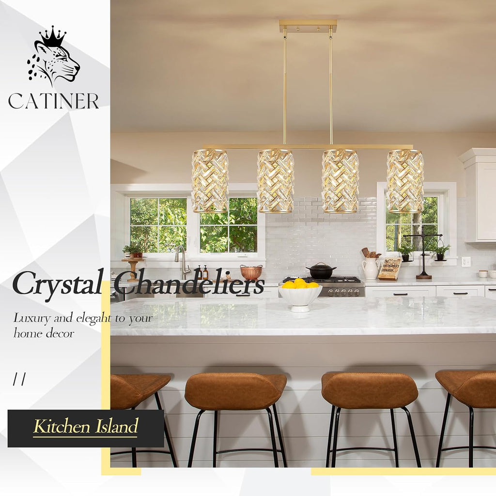 CATINER Gold Crystal Kitchen Island Lighting 40' Modern Linear Chandelier 4 Lights Ceiling Pendant Light Fixture Luxury for Kitchen Dining Room Living Room