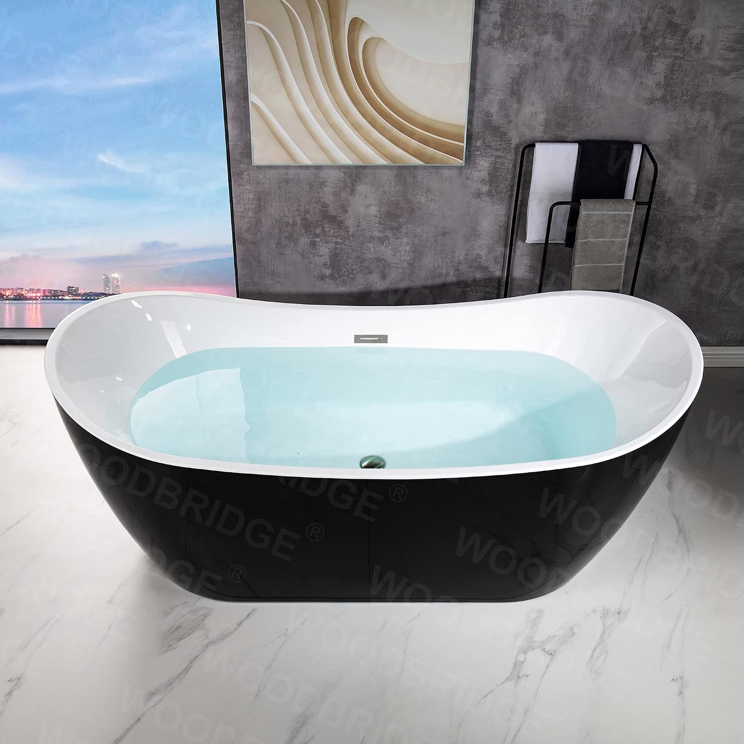 WOODBRIDGE 71' Acrylic Freestanding Bathtub Contemporary Soaking Black Tub with Brushed Nickel Overflow and Drain,Black,B1817-BN