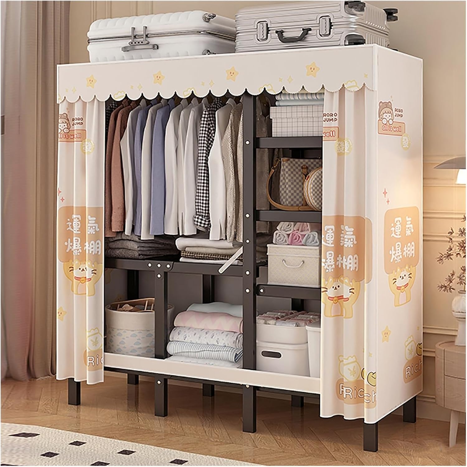 Foldable Portable Wardrobe Closet With Cover, Metal Clothes Rack, Covered Garment Rack For Hanging Clothes, Clothing Coat Storage Organizer(Orange,128cm/50.4inch)