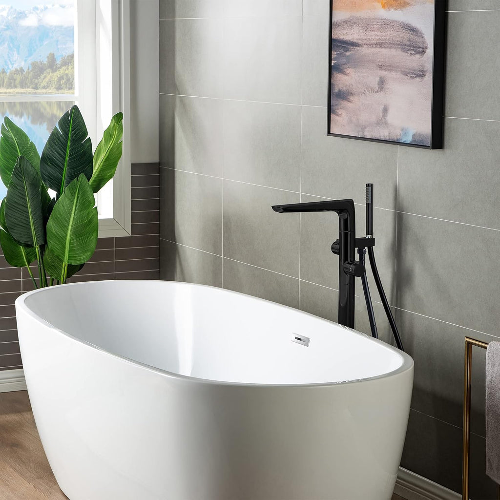 WOODBRIDGE F0015BL Contemporary Single Handle Floor Mount Freestanding Tub Filler Faucet with Hand shower in Matte Black Finish.