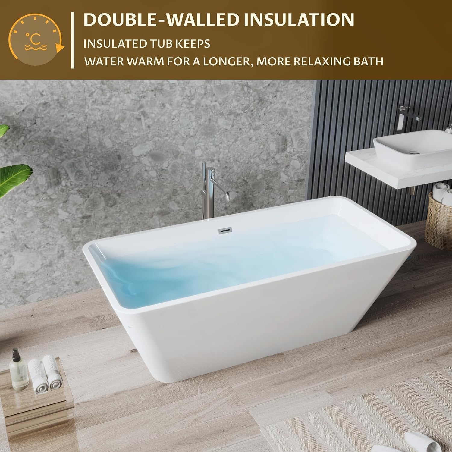 59' Acrylic Freestanding Bathtub, Rectangular Soaking Tub, CUPC Certified, Chrome Drain & Linear Overflow, Stand Alone Bath Tub Easy Installation (Glossy White)