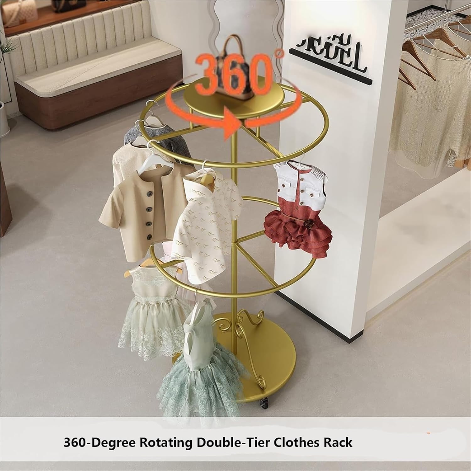 2 Layer Rotating Garment Rack, Round, Floor Standing Clothing Stand, Clothes Retail Display Shelf, for Bedroom Boutique Commercial Shop Laundry Room, 23.6 * 59in(Black)