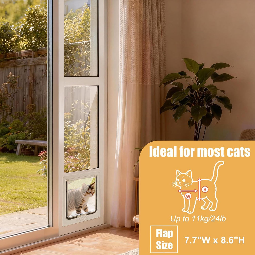 Petoasis Cat Door for Sliding Glass Door, Fits 92-1/4' to 96-1/2' Sliding Door Cat Door Insert, Upgraded All-Season Rigid Flap with Magnetic Closure, 4-Way Safety Lock (Full-Height)