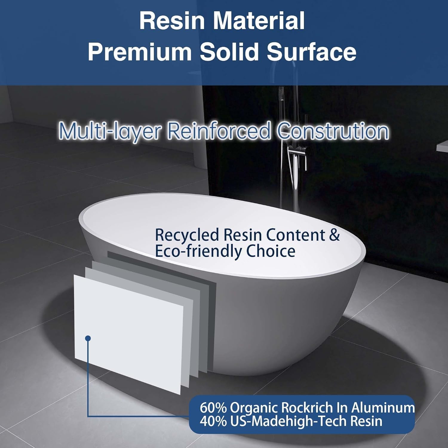Oval 65' Freestanding Tub, Solid Surface Bathtub Matte White | Free stand Bathtub, Resin Stone Soaking Tub with Overflow and Pop-up Drain, Matte White