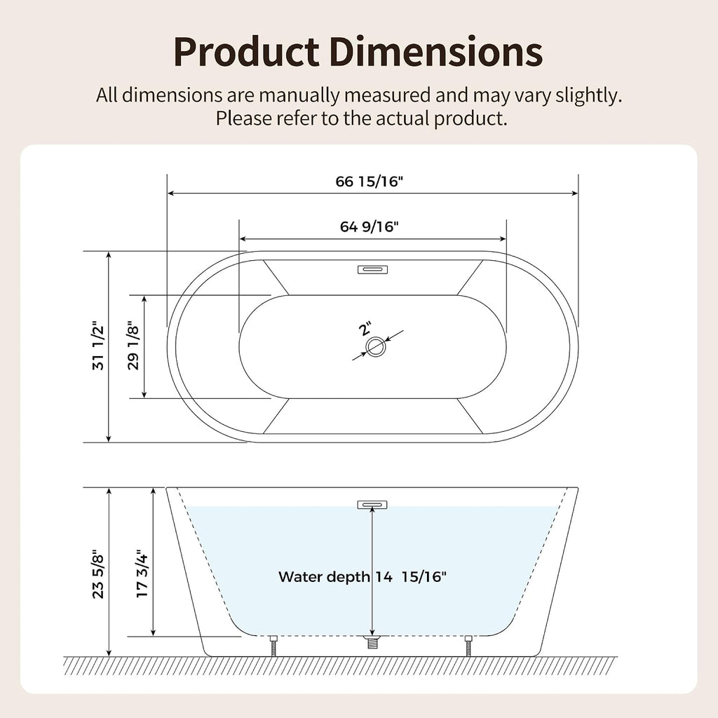 DeerValley 67' Acrylic Freestanding Bathtub, Easy Install Standalone Deep Soaking Tub with Fluted Design, Modern Ergonomic Shower Tub with Center Drain in White, DV-1T0583