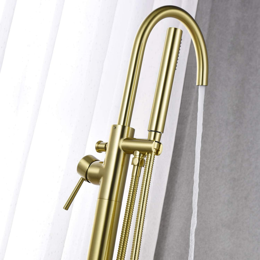 Freestanding Bathtub Faucet Tub Filler Brushed Gold Single Handle Floor Mounted Brass Faucets with Hand Shower