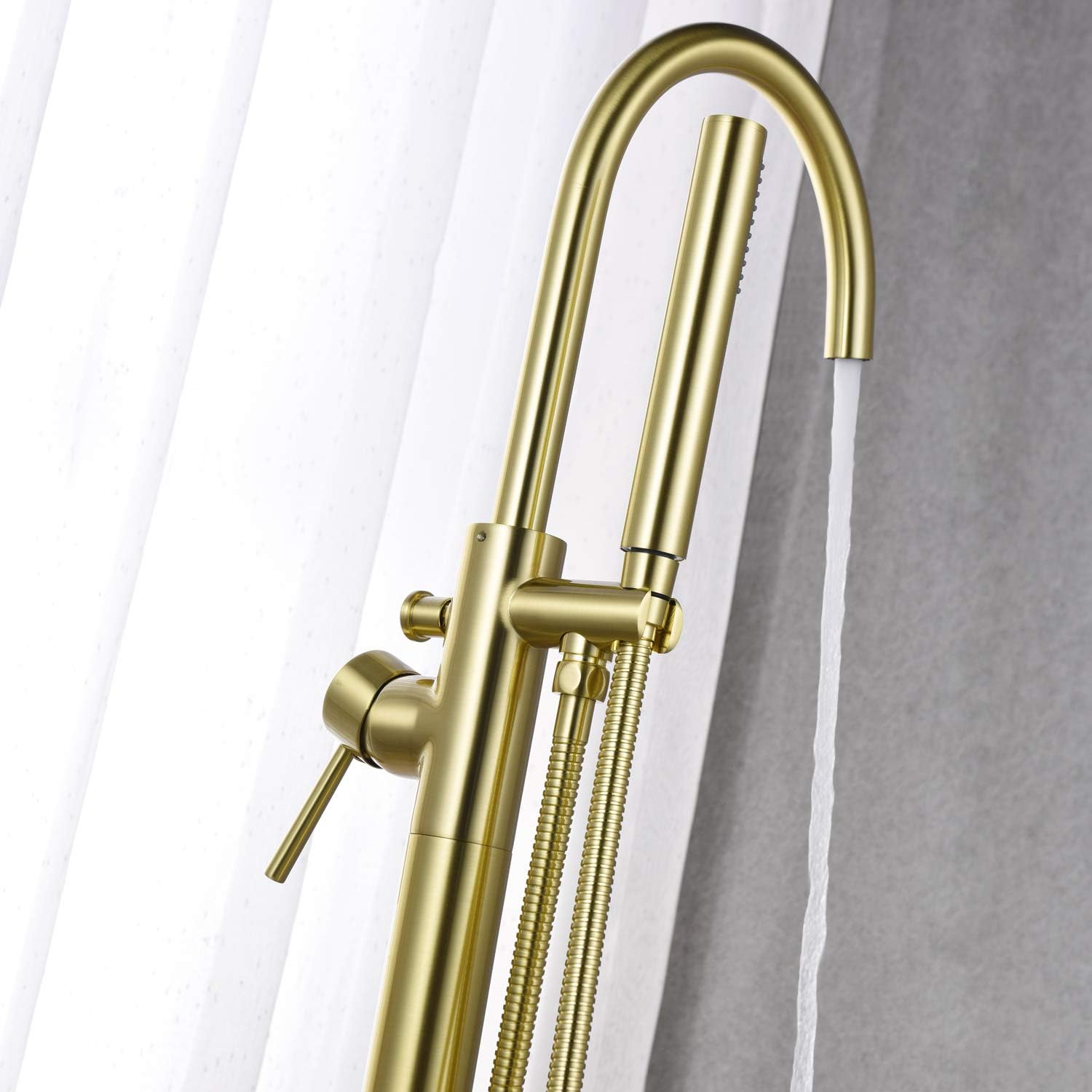 Freestanding Bathtub Faucet Tub Filler Brushed Gold Single Handle Floor Mounted Brass Faucets with Hand Shower