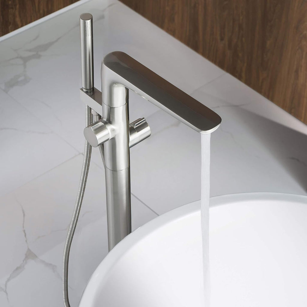 WOODBRIDGE Contemporary Single Handle Floor Mount Freestanding Tub Filler Faucet with Hand shower in Brushed Nickel Finish,F0014BN