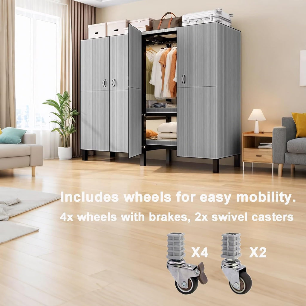 Foldable Portable Closet Wardrobe on Wheel 2000Ibs Heavy-Duty Clothing Rack with Cover Freestanding Metal Clothing Rack Armoire Storage System Rolling Garment Racks(49in/125cm)