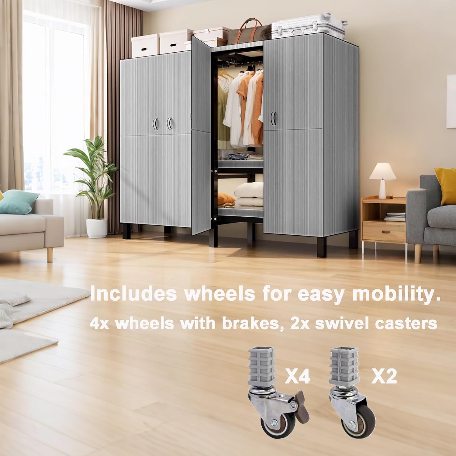 Foldable Portable Closet Wardrobe on Wheel 2000Ibs Heavy-Duty Clothing Rack with Cover Freestanding Metal Clothing Rack Armoire Storage System Rolling Garment Racks(49in/125cm)