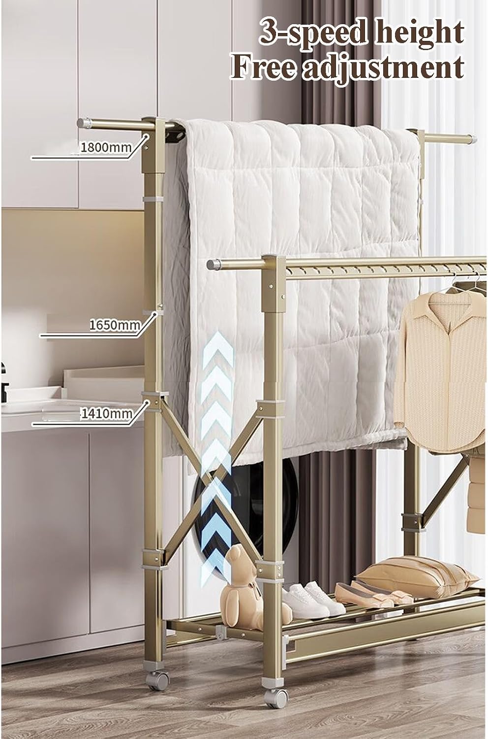 Coat Rack Hooks Double Clothes Rail Commercial Grade Garment Rack with Wheel, Heavy Duty Clothing Rails Adjustable Collapsible Rolling Clothes Rack(120-200cm)