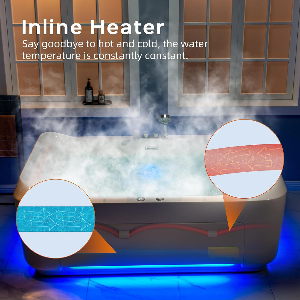 WOODBRIDGE 70-7/8'L x 47-1/4'W 2 Person Freestanding Hydrotherapy Whirlpool and Air Bath Heated Soaking Combination Massage Tub with Adjustable Speed Air Blower and Display Control Panel, B0091
