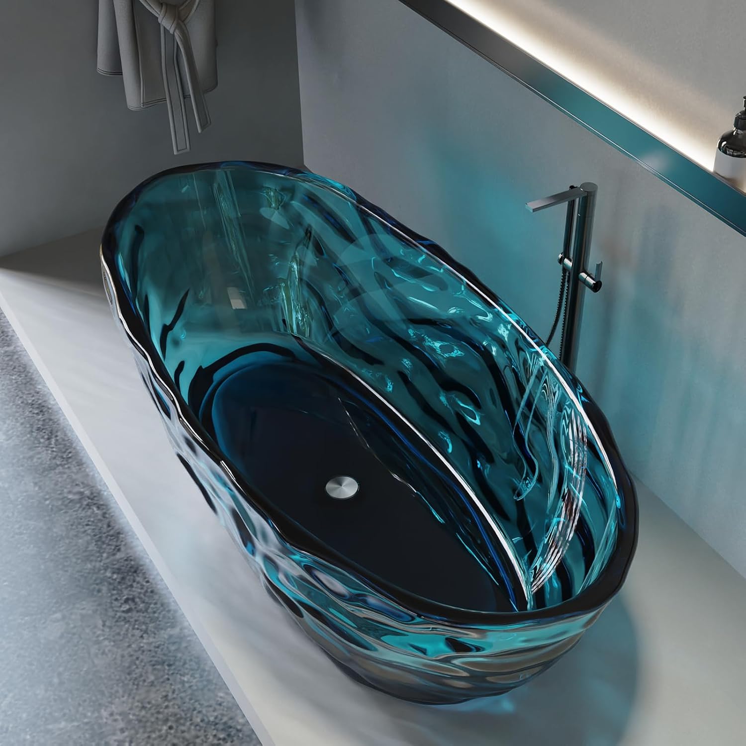 Cpingao 66' Resin Transparent Freestanding Bathtub, Contemporary Oval Stand Alone Tubs, Translucent Resin Freestanding Bath 1670 MM with Drain Lake Blue 8851-1700-BLUE